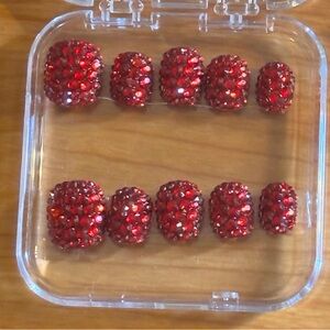 CUSTOM MADE 3-D Red Valentines w/Champagne Crystals Strobe Short Faux Nails